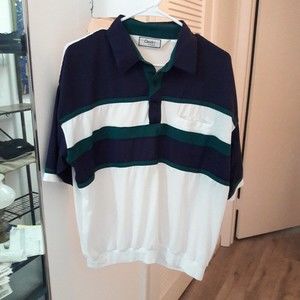 Classics by Palmland Mens XL Polo Shirt Dad White Blue Green Banded Hem SS